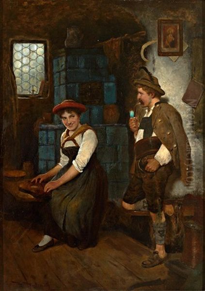 Tandelndes Paar In Einer Stube: Zitherspielerin Und Fescher Junger Mann Oil Painting by Maximilian Wachsmuth