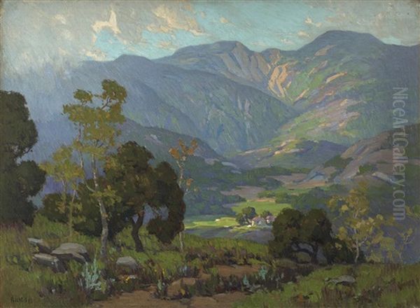 Home In The Valley Oil Painting by Elmer Wachtel