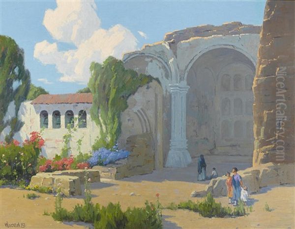 Visitors To Mission San Juan Capistrano Oil Painting by Elmer Wachtel