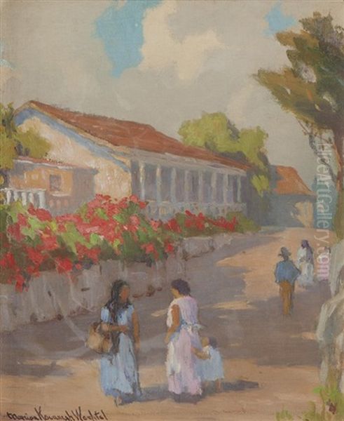 Women On A Street In Monterey Oil Painting by Marion Kavanaugh Wachtel