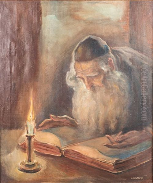 Rabbi Studying Torah By Candlelight Oil Painting by Wilhelm Wachtel