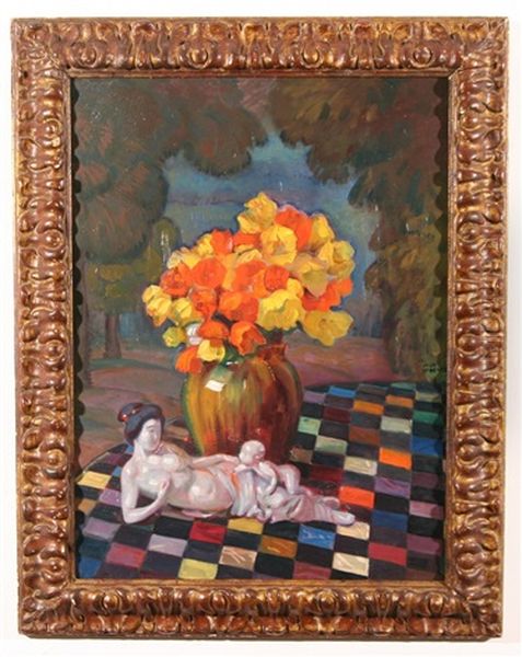 Still Life With Flowers And Japanese Figurine Oil Painting by Wilhelm Wachtel