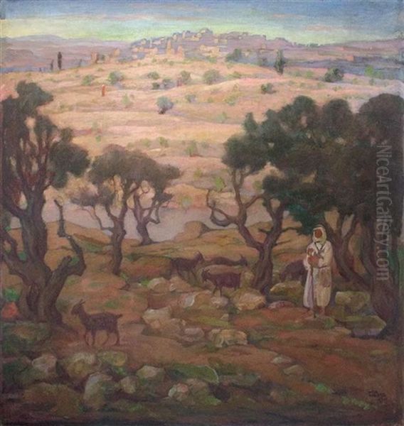 A Shepherd In The Jerusalem Mountains Oil Painting by Wilhelm Wachtel