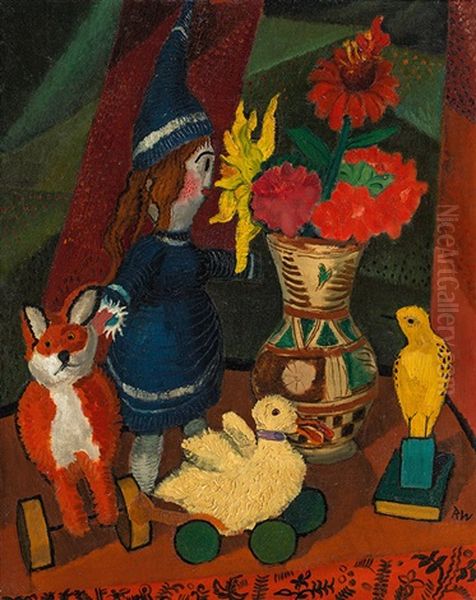 Still Life With Flower Jug And Doll Ii Oil Painting by Rudolf Wacker