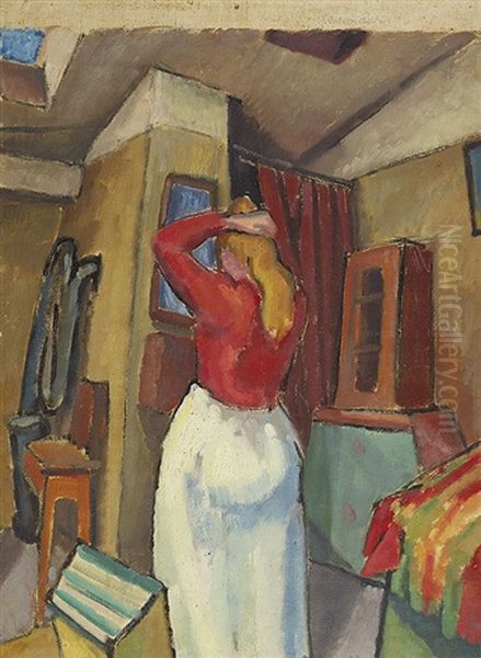 Ilse Im Atelier Vor Dem Spiegel Stehend Oil Painting by Rudolf Wacker