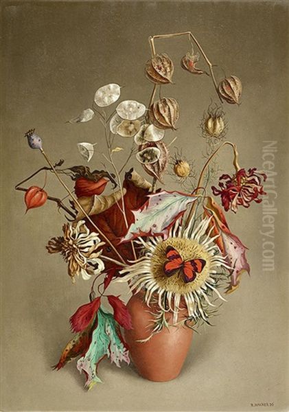 Herbststraus Mit Rotem Schmetterling Oil Painting by Rudolf Wacker