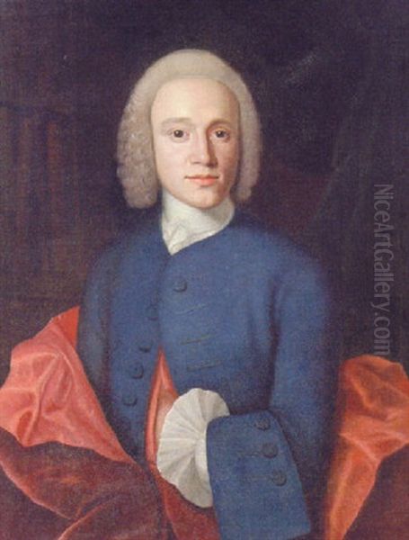 Portrait Of Jorgen Wichmand In A Blue Jacket And A Red Mantle, Standing Before A Bookshelf Oil Painting by Isak Wacklin