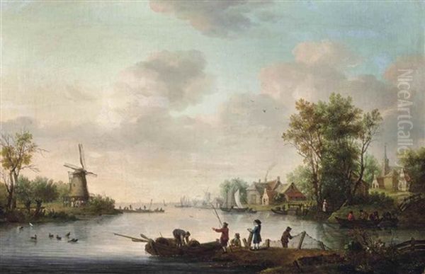 A River Landscape With Fishing Boats, A Windmill And A Town Beyond Oil Painting by Marten J. Waefelaers