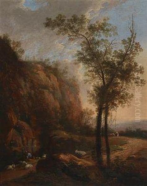 A Rocky Landscape With Resting Goats Andherders Oil Painting by Philipp Hieronymus Brinckmann