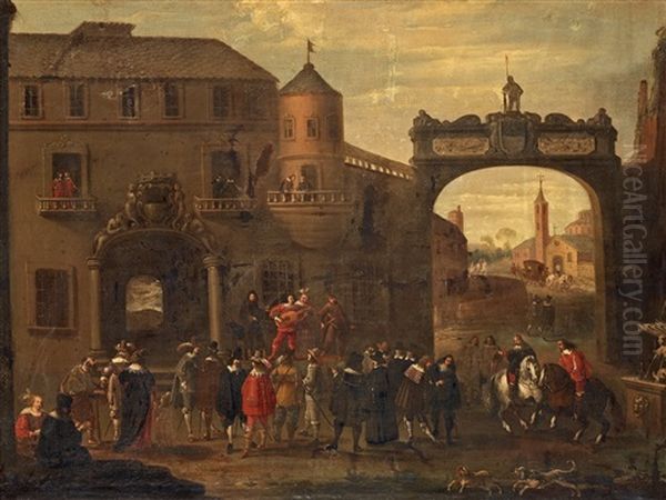 Figures Outside The City Gate Oil Painting by Cornelis de Wael