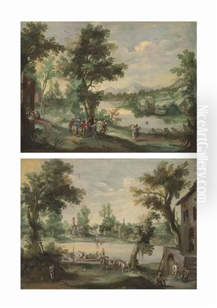 An Extensive Wooded Landscape, With Villagers Dancing And Making Music Beside A River; And A Wooded Landscape With Herdsmen Ferrying Their Cattle Across A Lake, And Figures With Packhorses Beside A Tavern (pair) Oil Painting by Lucas Janszen de Wael