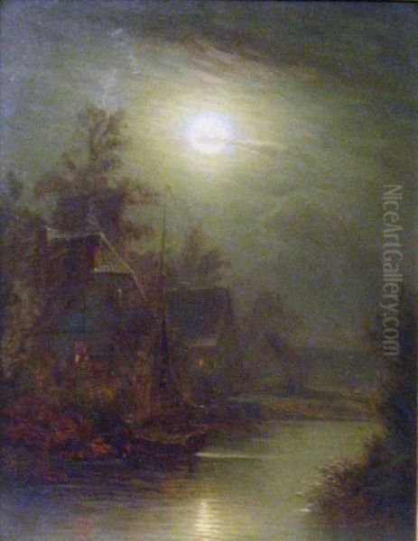 Fluss Im Mondschein Oil Painting by Philipp Hieronymus Brinckmann