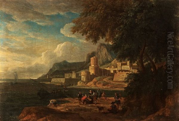 Landscape With Figures And A Castle Oil Painting by Lucas Janszen de Wael