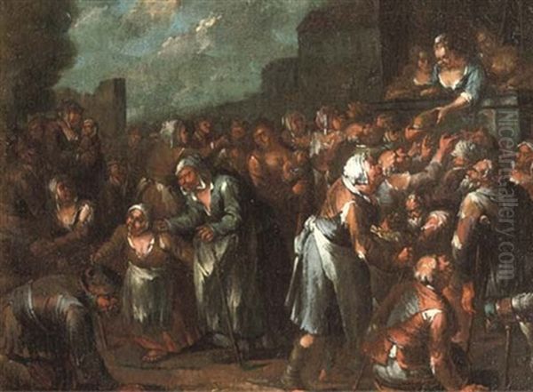 A Lady Distributing Bread To The Poor Oil Painting by Lucas Janszen de Wael