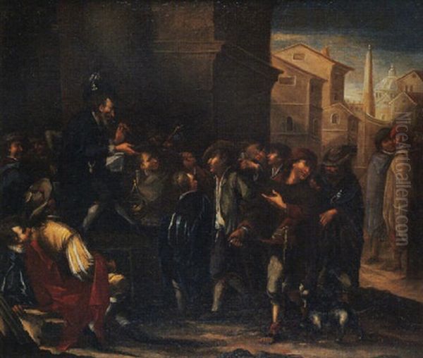 A Charlatan Performing In A Town Oil Painting by Lucas Janszen de Wael