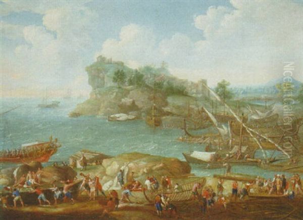 A Mediterranean Coastal Landscape With Levants And Shipbuilders In The Foreground Oil Painting by Lucas Janszen de Wael