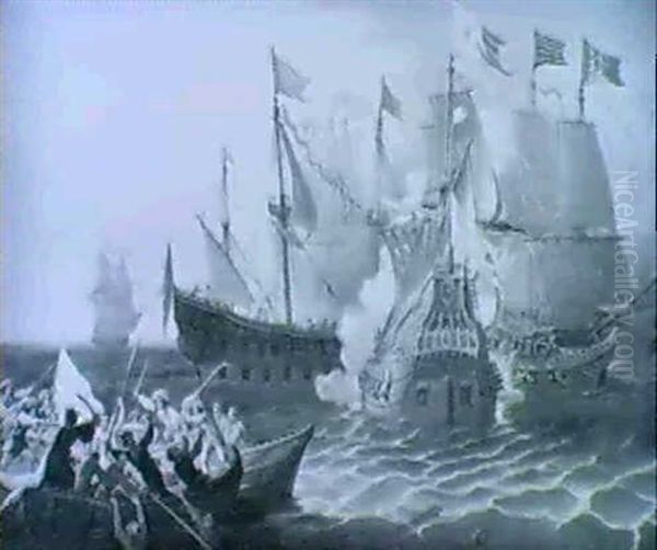 Scene De Combat Naval Oil Painting by Lucas Janszen de Wael