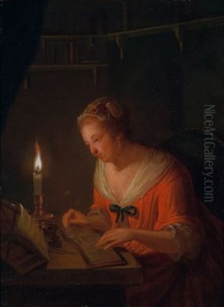 Eine Junge Frau Liest Bei Kerzenschein In Ihrer Bibliothek Oil Painting by Dominicus Gottfried Waerdigh