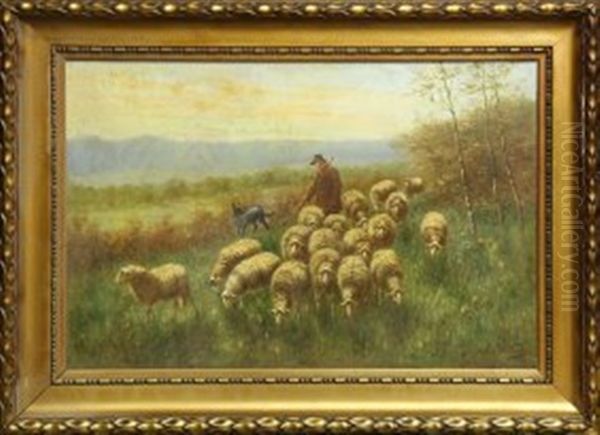 Shepherd With His Sheep And Dog Oil Painting by Arthur De Waerhert