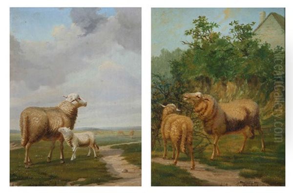 Moutons Au Pre (+ Another; Pair) Oil Painting by Arthur De Waerhert