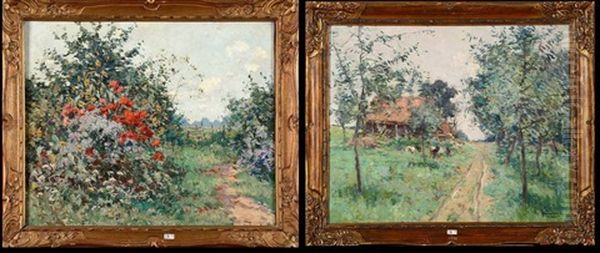 Coin De Jardin En Fleurs Et Paysage A La Vieille Ferme, (2 Works) Oil Painting by Victor Wagemaekers