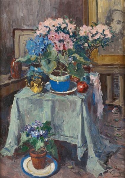 Interieur Aux Hortensias Oil Painting by Victor Wagemaekers