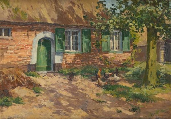 Poules Et Coq Devant La Chaumiere Oil Painting by Victor Wagemaekers