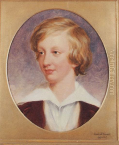 Portrait Of Edward Henry Howard, Later Cardinal Howard, When A Boy, In A Red Coat And White Shirt Oil Painting by Thomas Charles Wageman