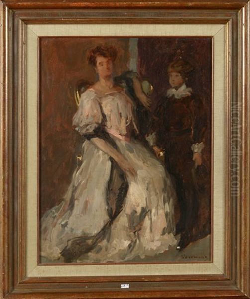 Portrait D'une Jeune Maman Accompagnee De Son Fils Oil Painting by Maurice Wagemans