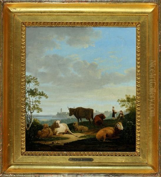 Kuhe Und Schafe Mit Hirtenpaar In Landschaft Am Starnberger See Oil Painting by Max Joseph Wagenbauer