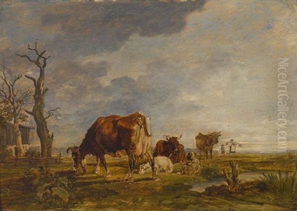 Rinder Auf Der Weide In Flacher Landschaft Oil Painting by Max Joseph Wagenbauer