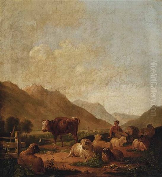 Sennerin Mit Weidevieh Auf Einer Almwiese Im Gebirge Oil Painting by Max Joseph Wagenbauer