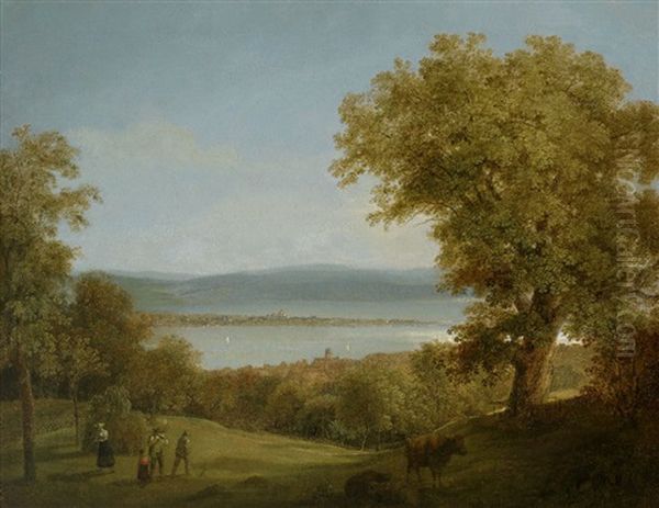 Blick Von Der Hohe Des Bodanruckens Uber Allensbach Auf Die Insel Reichenau Mit Oberzell Und Der Basilika St. Georg Oil Painting by Max Joseph Wagenbauer