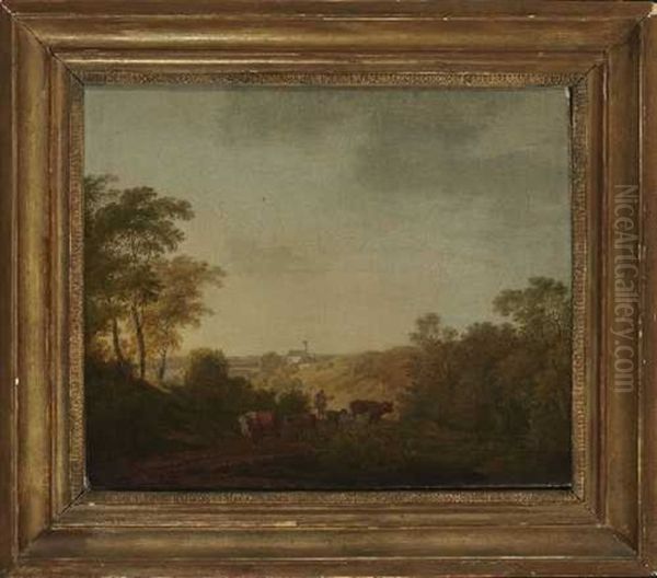 Oberbayerische Landschaft, Im Vordergrund Ein Bauer Mit Vieh Oil Painting by Max Joseph Wagenbauer