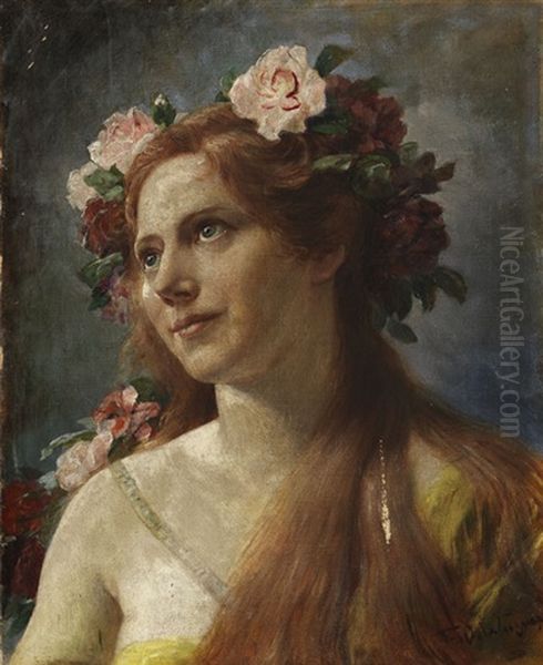 Junge Frau Mit Blumenkranz Oil Painting by Ferdinand Wagner the Younger