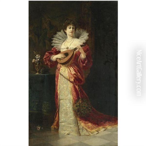 Dame Mit Laute - Lady With Lute Oil Painting by Ferdinand Wagner the Younger