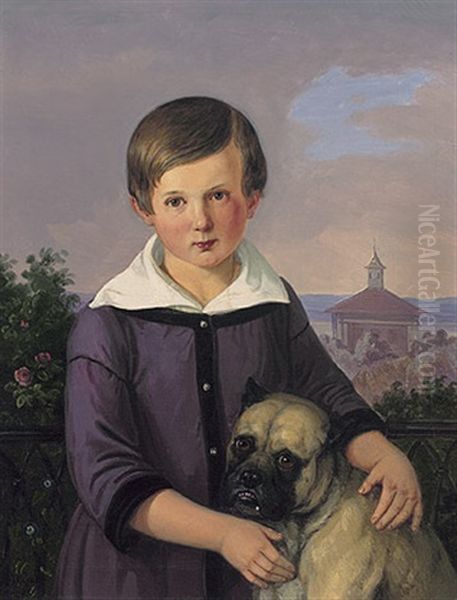 Knabenportrait Mit Mops Vor Abendlicher Landschaft Mit Kapellenhintergrund Oil Painting by Albert Wagner