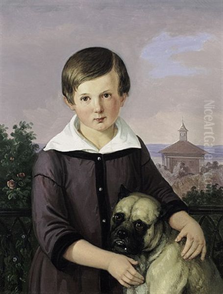 Knabenportrait Mit Mops Vor Abendlicher Landschaft Mit Kapellenhintergrund Oil Painting by Albert Wagner