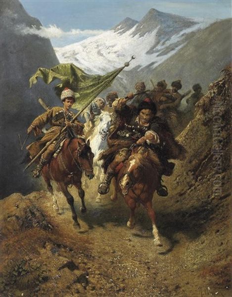 Nach Dem Uberfall. Wild Galoppierende Tscherkessen, Uber Einen Schmalen Gebirgspfad Fliehend Oil Painting by Albert Wagner