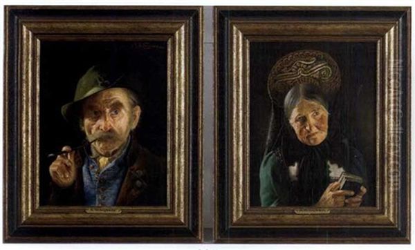 Portrait Of A Man (+ Portrait Of A Woman; Pair) Oil Painting by Alexander von Wagner