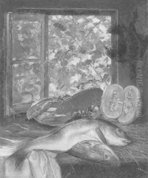 Stilleben Mit Fischen, Hummer Und Melone Oil Painting by Alexander von Wagner