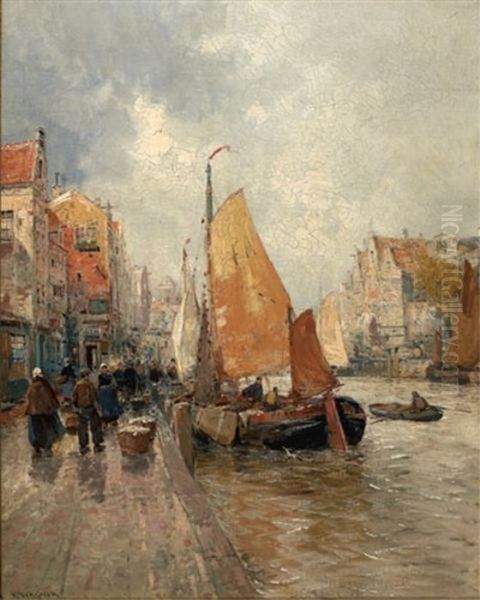 Port Scene With Sailboats And Gabled Houses Oil Painting by Carl Ludwig Friedrich Wagner