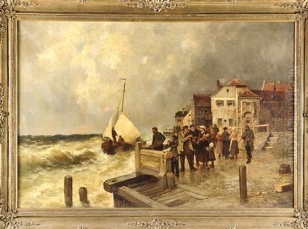 Vielfigurige Szene Am Stadtischen Kai Vor Sturmischer See Oil Painting by Carl Ludwig Friedrich Wagner