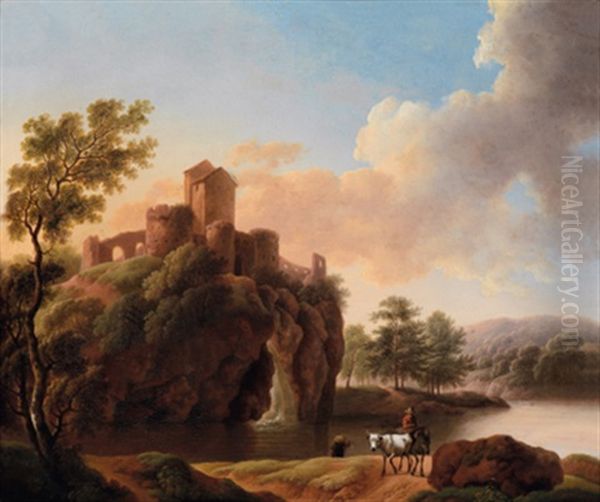 Flusslandschaft Mit Reisendem Vor Einer Burg Bei Sonnenaufgang (+ Flusslandschaft Mit Schafern Bei Sonnenuntergang; Pair) Oil Painting by Dorothea Maria Wagner