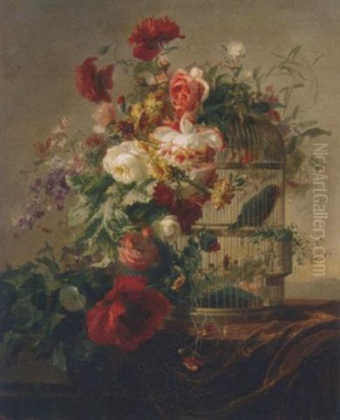 A Parakeet In A Gilded Cage Under A Canopy Of Summer Flowers Oil Painting by Elise (Puyroche) Wagner