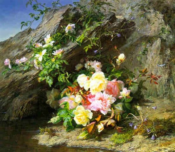 Bouquet De Roses Dans Les Rochers Oil Painting by Elise (Puyroche) Wagner