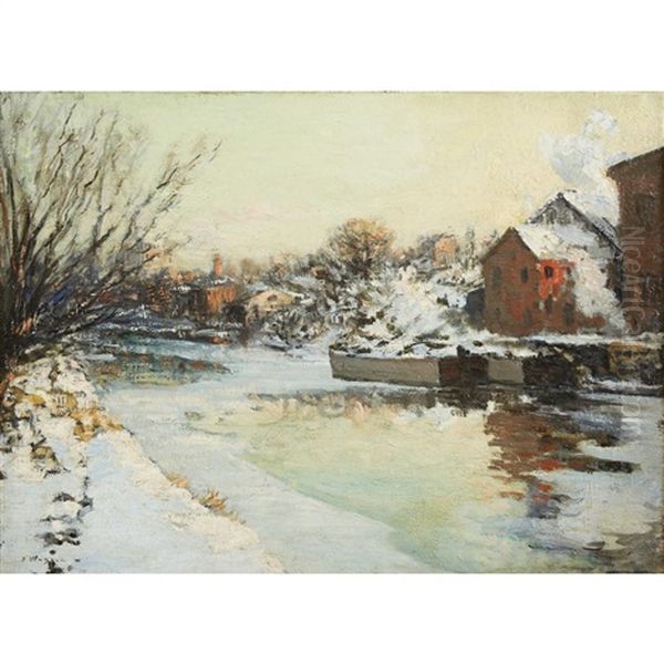 Red House By The Canal Oil Painting by Fred Wagner