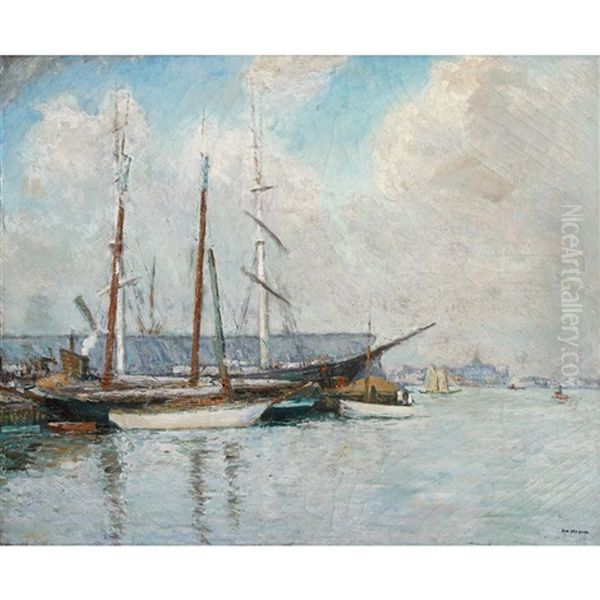 Boats In A Harbor (port Of Philadelphia) Oil Painting by Frederick R. Wagner