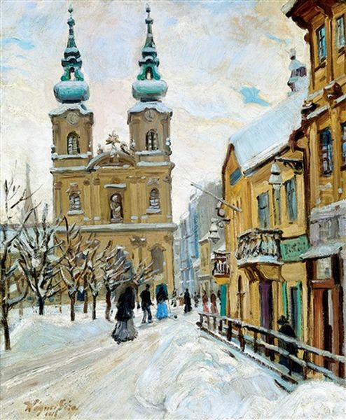 Winter In The City (batthyany Square) Oil Painting by Geza Wagner