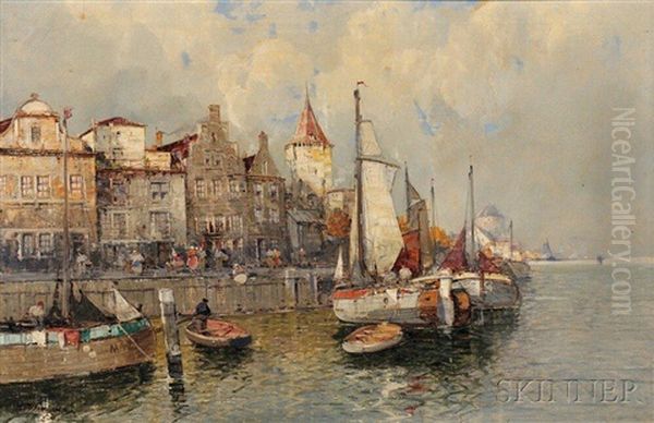 Netherlands Fishing Harbor View Oil Painting by Hans Wagner